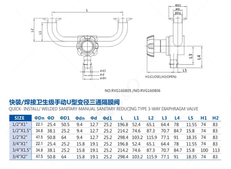 U Type Three Way Clamp Diaphragm Valve Parameter