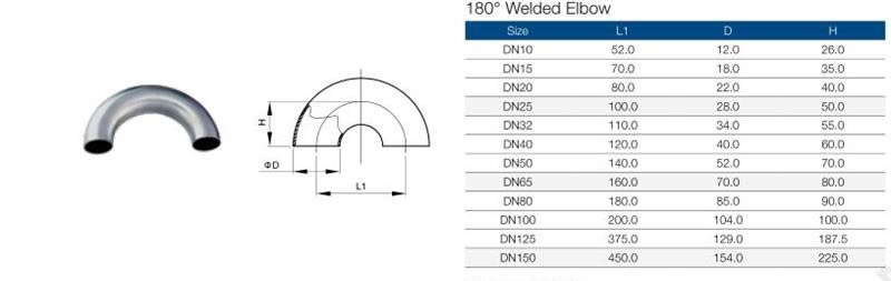 Stainless Steel 180 Degree Welded U Type Elbow Parameter