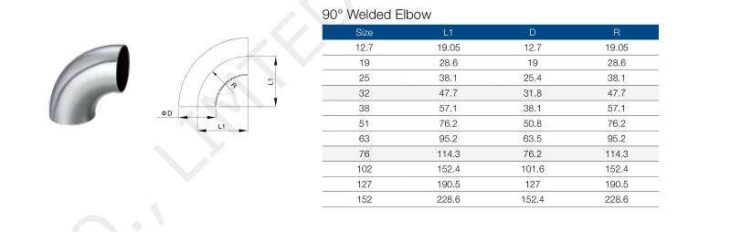 SMS  Sanitary Stainless Steel  90 Degree Welded Long Elbow Parameter