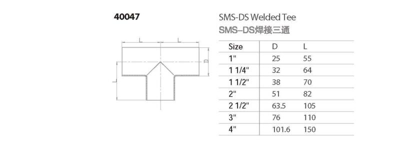 SMS Hygienic Welded  Equal Tee Parameter