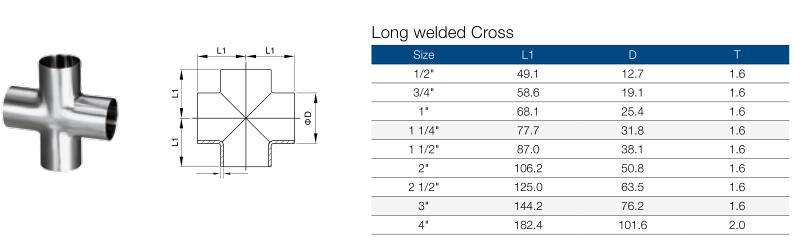 AS Sanitary Stainless Steel Butt Weld Long Cross Parameter