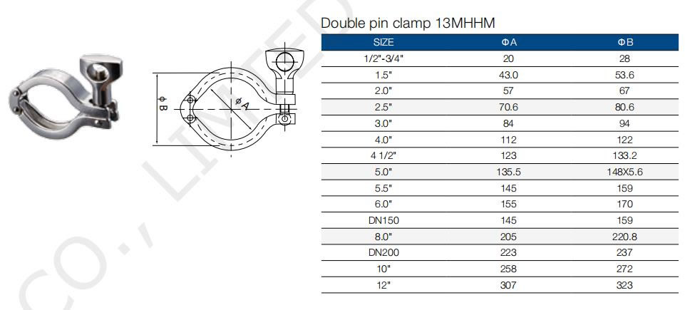 Sanitary Stainless Steel 13SF Double Pin Pipe Clamp Drawing