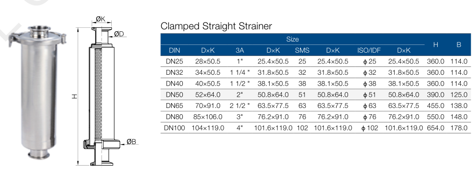 sanitary stainless steel clamp strainer parameter