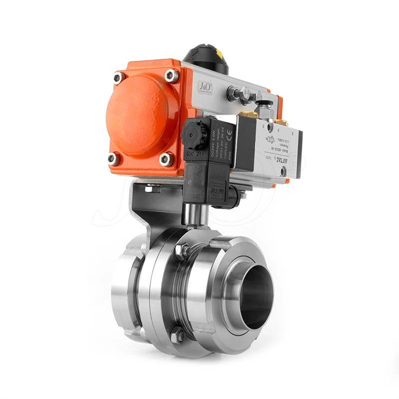 Sanitary Pneumatic Union Ends Butterfly Valve With Solenoid Valve