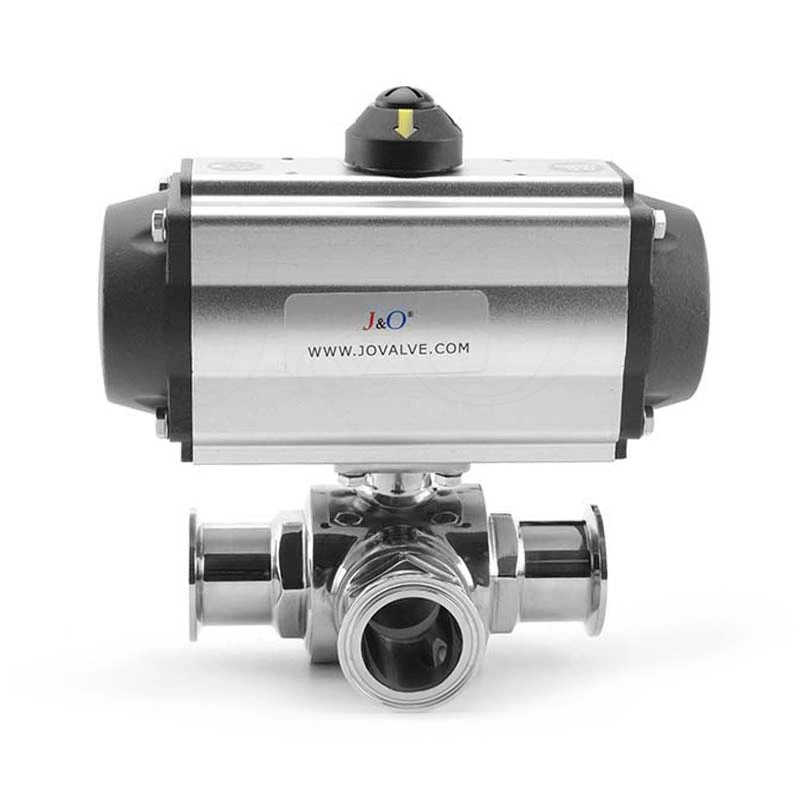 Sanitary Stainless Steel TC Clamp Three-Way Ball Valve, Pneumatic Actuator