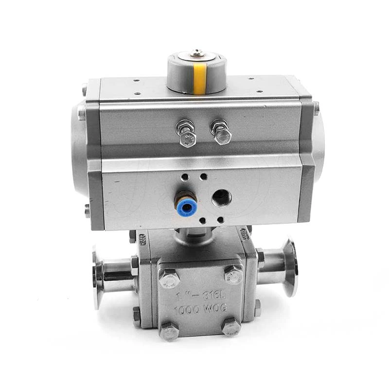 Hygienic Stainless Steel Sanitary Encapsulated Square Pneumatic Actuator 3-Way Ball Valve