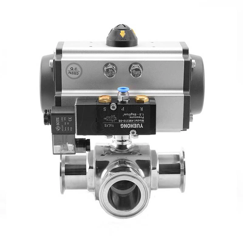 Sanitary Stainless Steel Pneumatic 3-Way Ball Valve With Solenoid Valve