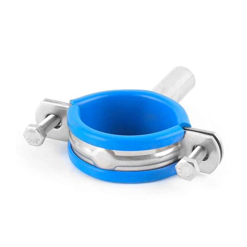 Sanitary Stainless Steel Welded Pipe Holder with Blue Rubber Insert