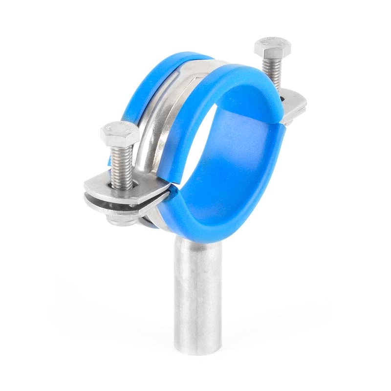 Sanitary Stainless Steel Welded Pipe Holder with Blue Rubber Insert