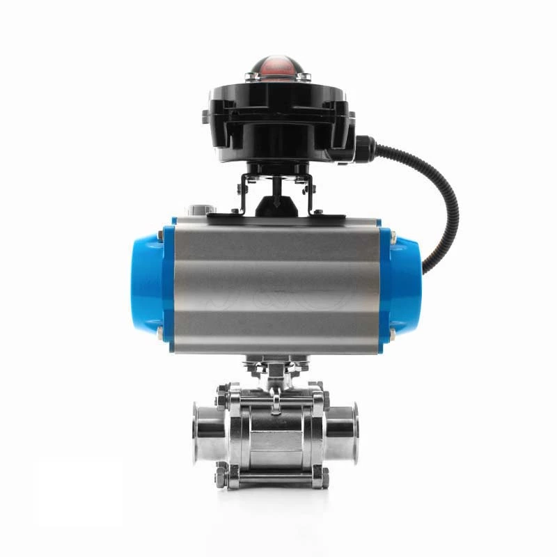 Sanitary Stainless Steel Pnuematic Three Pieces Ball Valve  With Solenoid Valve Limit Switch Box Filter